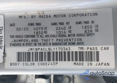 2020 Mazda Mazda3 Select Package из США, поврежденный, VIN JM1BPACL8L1170363